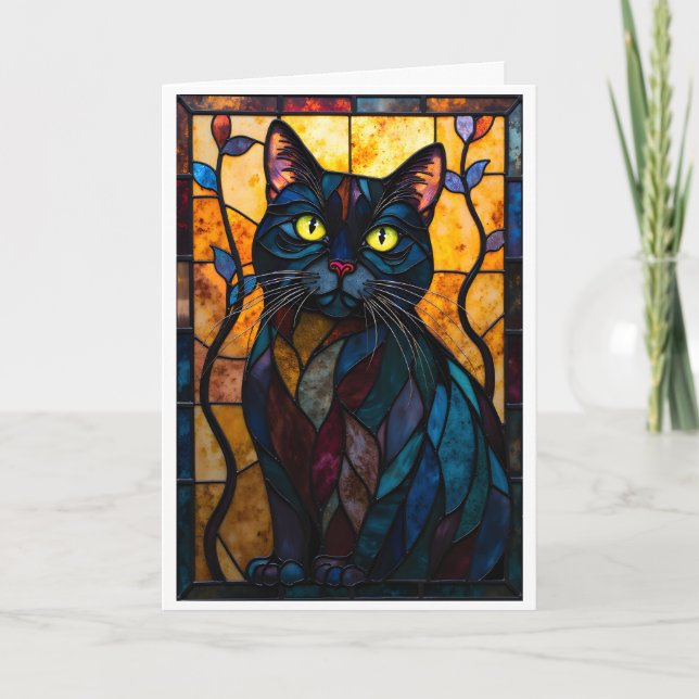 Buntglas-Stil Schwarze Katze mit Blättern Karte (Vorderseite)