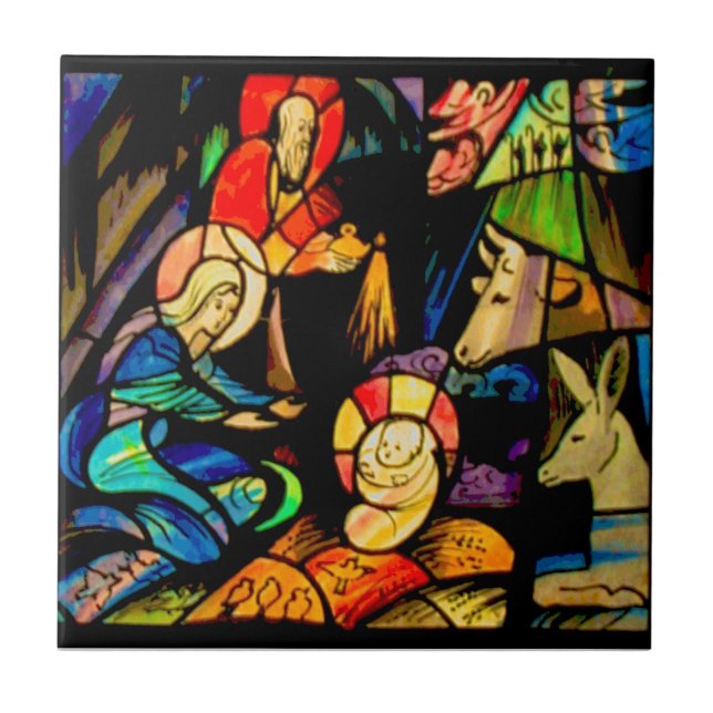 Buntglas-Stil-Weihnachtskrippe Fliese (Vorderseite)