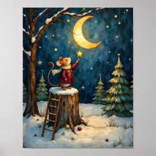 Buntglas-Stil-Weihnachtsmondmaus Poster