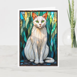 Buntglas-Stil Weiße Katze mit grünen Augen Karte