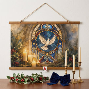 Buntglas-Tauben-Weihnachtsfenster Wandteppich Mit Holzrahmen