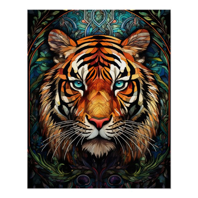 Buntglas-Tiger Blaue Augen Kunst Poster (Vorderseite)