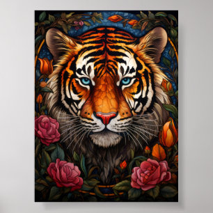 Buntglas-Tiger-Porträt mit rosa Rosen und B Poster