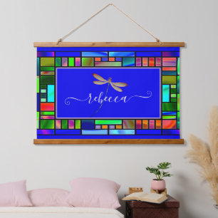 Buntglas und Libelle personalisiert  Wandteppich Mit Holzrahmen