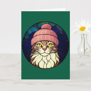 Buntglas-Weihnachts-Tabby-Katze mit rosa Kappe Karte