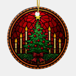 Buntglas-Weihnachtsbaum & Kerzen Keramik Ornament
