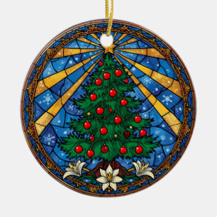 Buntglas-Weihnachtsbaum & Lilien Keramik Ornament