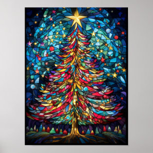 Buntglas-Weihnachtsbaum unter einem goldenen Stern Poster