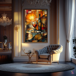 Buntglas-Wein-Stillleben mit goldenem Schimmer Poster