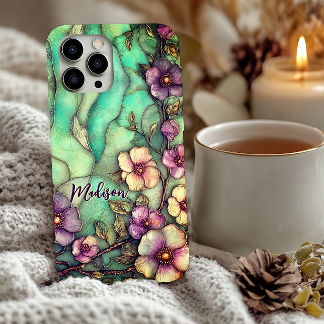 Buntglasblumen Türkis iPhone 16 Hülle (Von Creator hochgeladen)