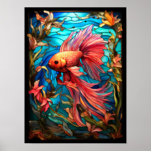Buntglasfenster mit rosa Kampffisch  Poster