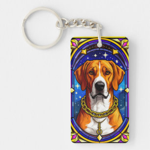 Buntglasporträt eines Hundes mit Goldkette Schlüsselanhänger
