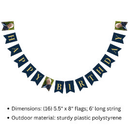 Bunting Flags Photo Navy Gold 80th Happy Birthday Wimpelkette