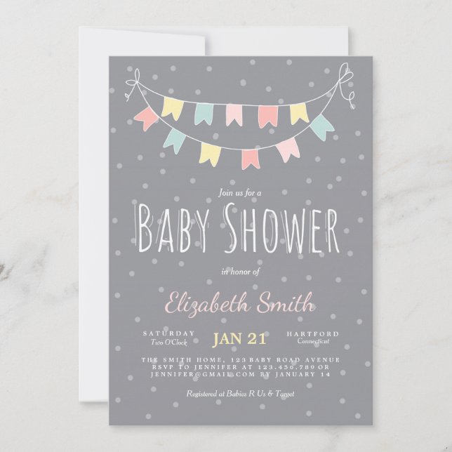 Buntings Baby shower Invitation Gris Pink Mint (Devant)