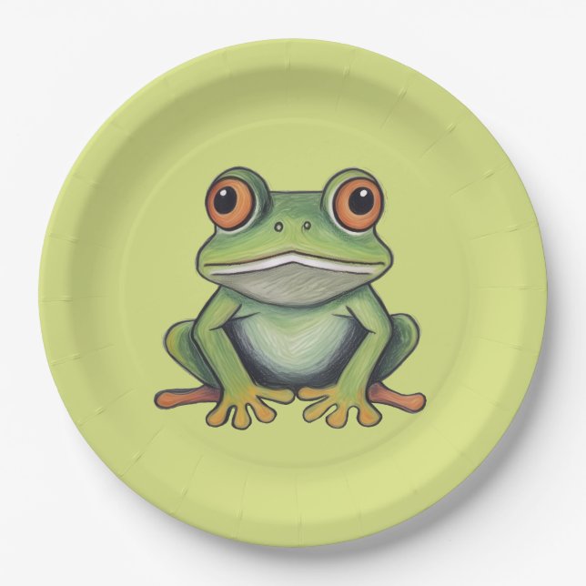 Buntstiftzeichnung Frosch Pappteller (Vorderseite)