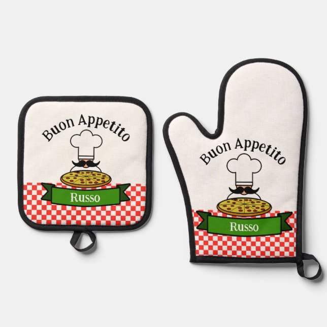 Buon Appetito italienisches Design Ofenhandschuh & Topflappen-Set (Vorderseite)