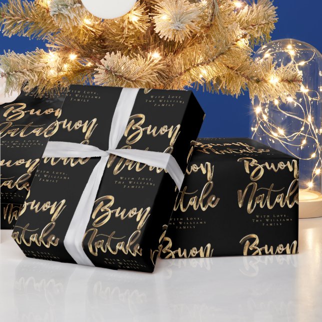Buon Natale Elegant Black Gold Script Italienisch Geschenkpapier (Feiertage)