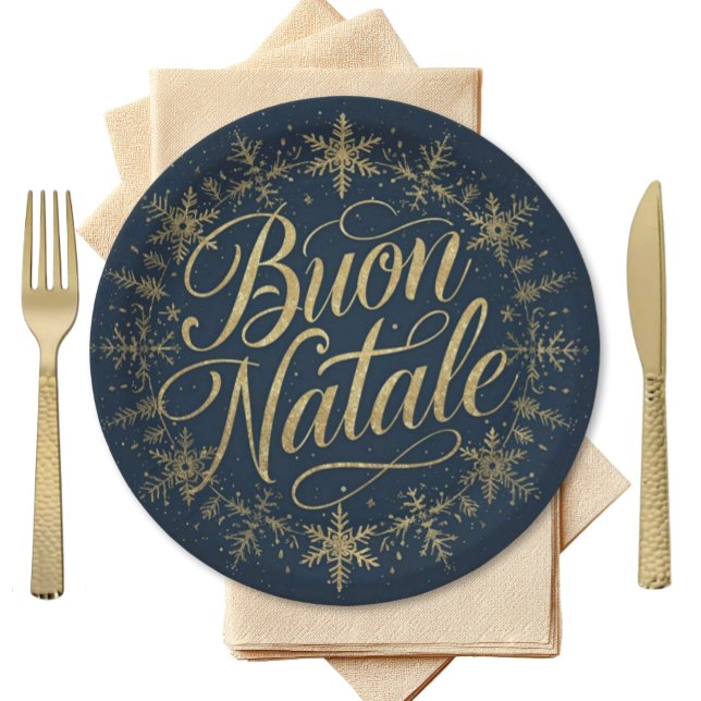 Buon Natale Italian Christmas - Navy & Gold Pappteller (Buon Natale Elegant Navy plate with gold script surrounded by circular snowflakes in gold)