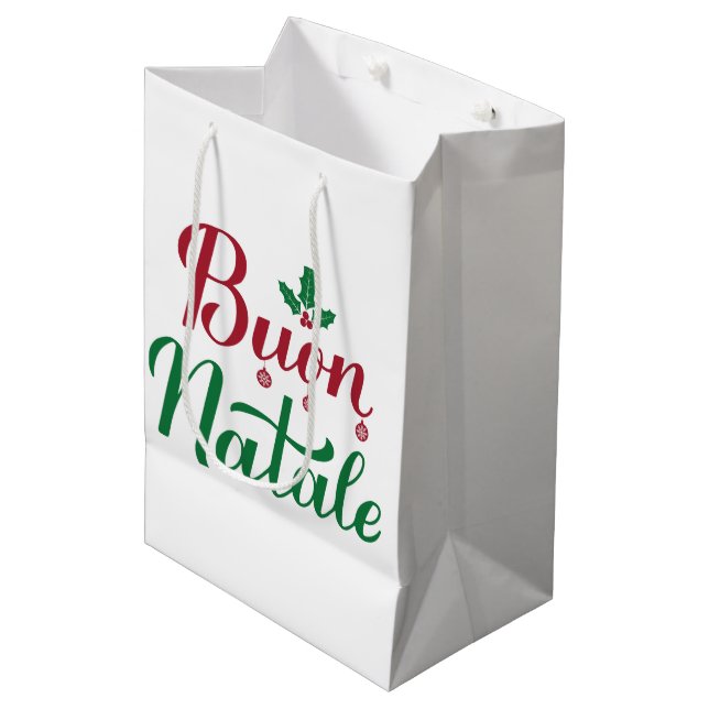 Buon Natale Red und Green Christmas Mittlere Geschenktüte (Vorderseite Schrägansicht)
