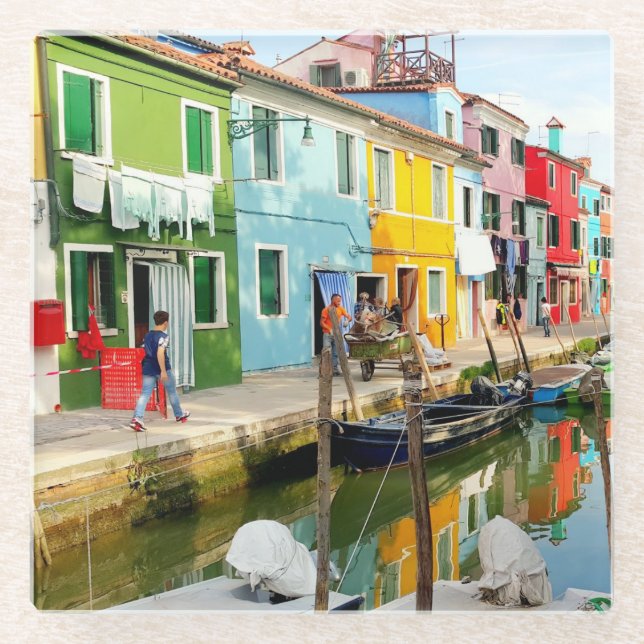 Burano Insel in der Nähe von Venedig, Rainbow Hous Glasuntersetzer (Vorderseite)