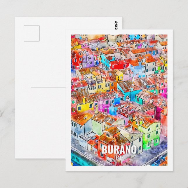 Burano Italien Berühmter Platz Wasserfarben Postkarte (Vorne/Hinten)