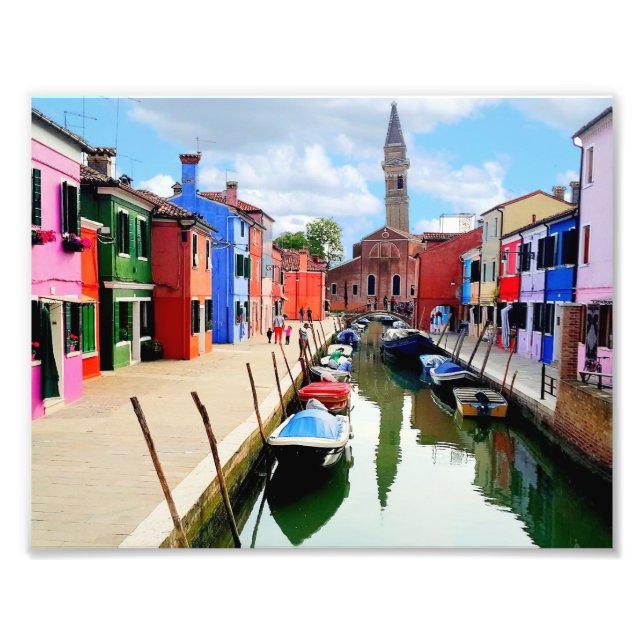 Burano, Italien - farbenfrohe Häuser und Bootkanal Fotodruck (Vorne)