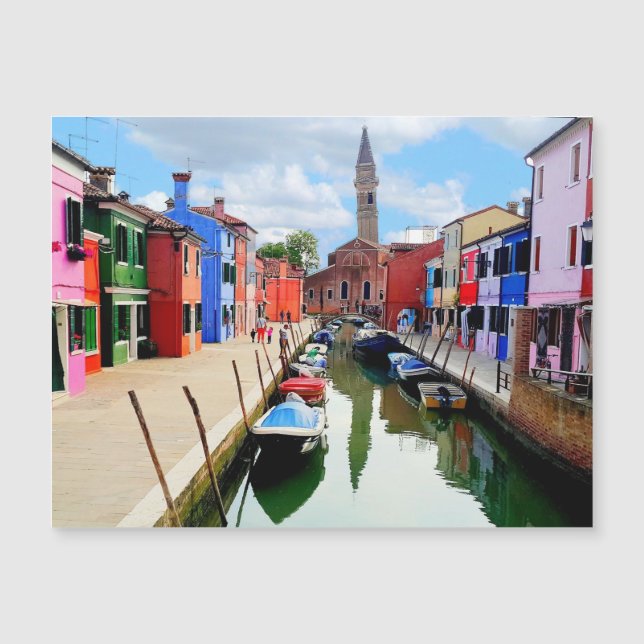 Burano, Italien - farbenfrohe Häuser und Bootkanal Magnetkarte (Vorderseite)