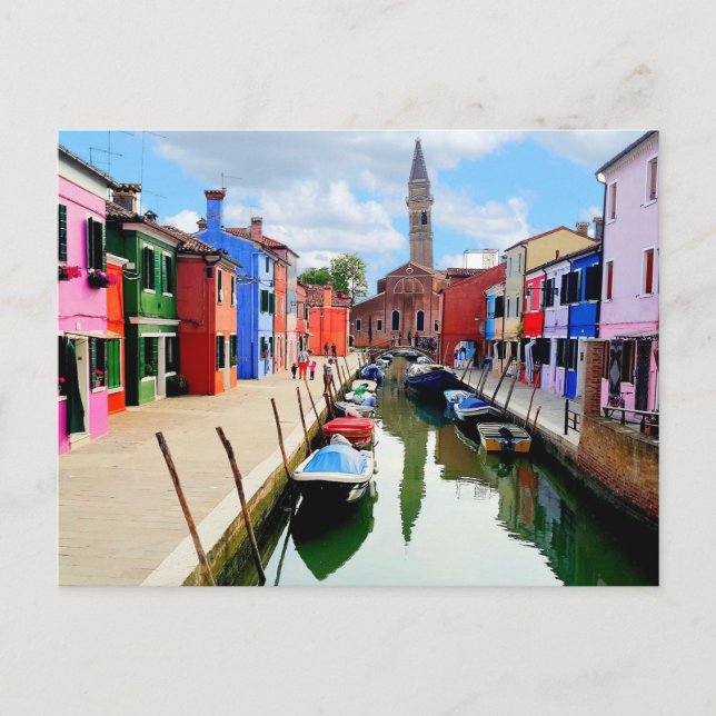 Burano, Italien - farbenfrohe Häuser und Bootkanal Postkarte (Vorderseite)