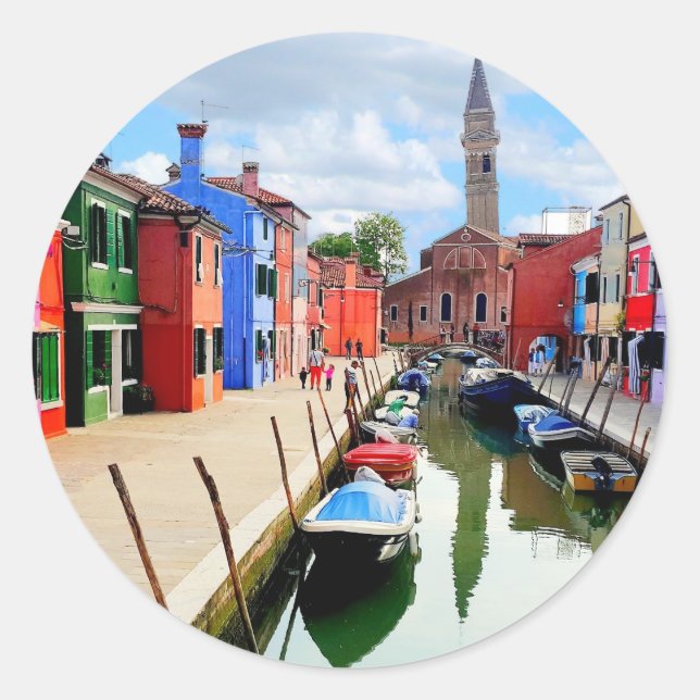 Burano, Italien - farbenfrohe Häuser und Bootkanal Runder Aufkleber (Vorderseite)
