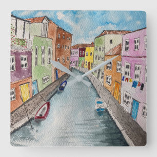 Burano Venice Helle Häuser Quadratische Wanduhr