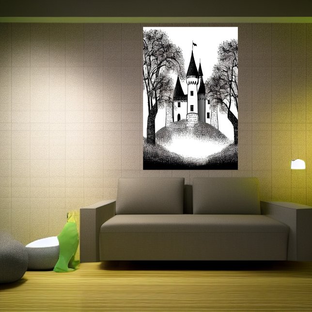 Burg auf dem Hügel Schwarz-Weiß-Zeichnung | Art de Poster (Von Creator hochgeladen)