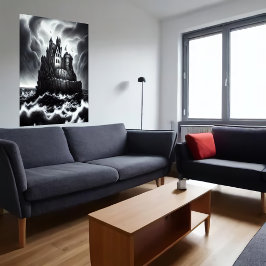 Burg auf Felsen im Sturmmeer | AI Art Poster