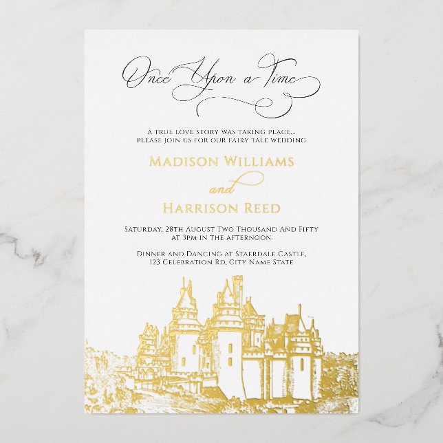 Burg Einmal auf Märchen Hochzeit Gold Folieneinladung (Vorderseite)