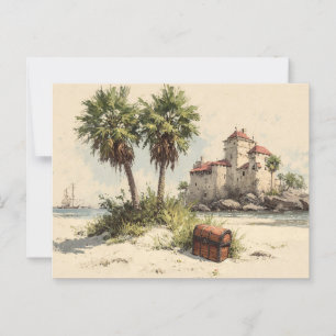 Burg mit Palmen und versteckter Schatztruhe Postkarte