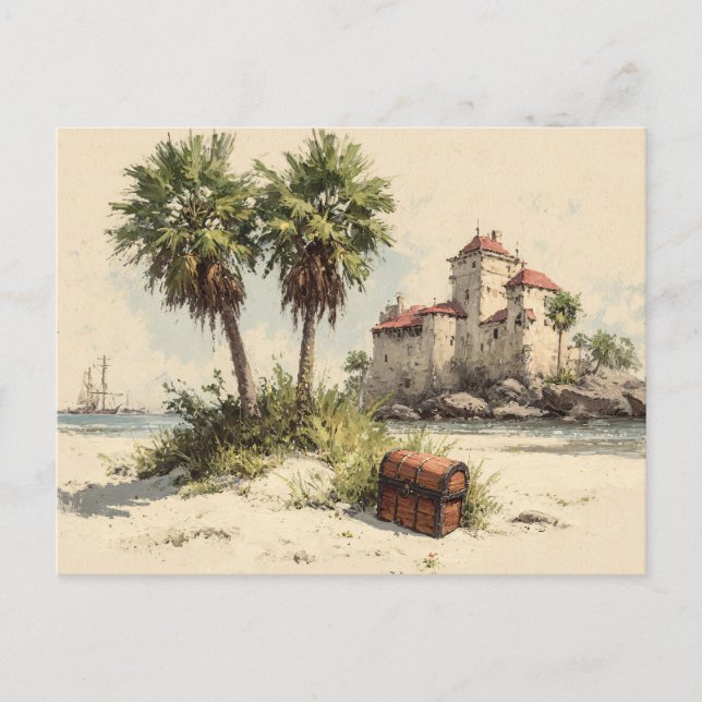 Burg mit Palmen und versteckter Schatztruhe Postkarte (Vorderseite)
