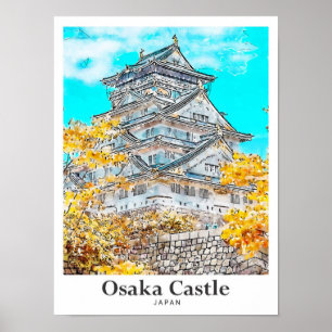 Burg Osaka Japan Reisen Wasserfarben Hand gezogen Poster