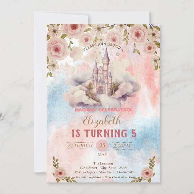 Burg Princess Blume Watercolor Einladung (Vorderseite)