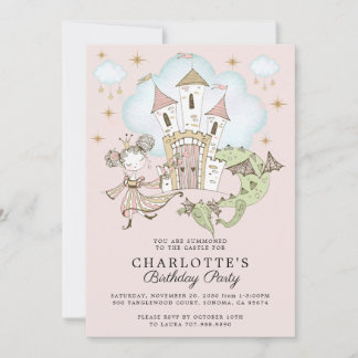 Burg Princess Dragon Girl's Pink Gold Geburtstag Einladung