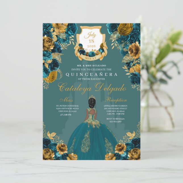 Burg Quinceañera, aquamarin & Gold Einladung (Stehend Vorderseite)