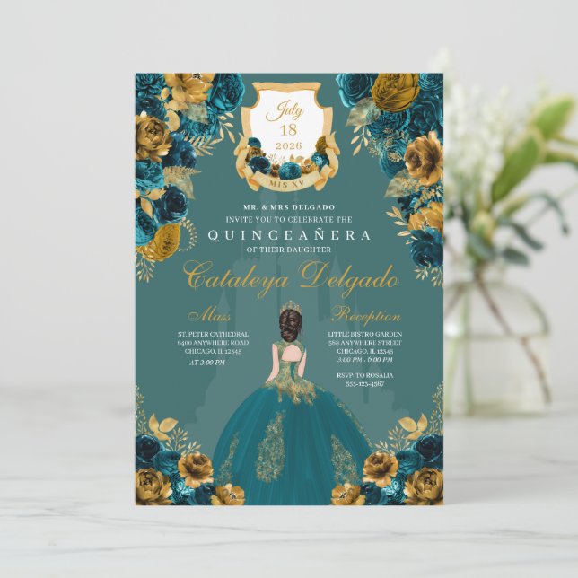 Burg Quinceañera, aquamarin & Gold Einladung (Stehend Vorderseite)