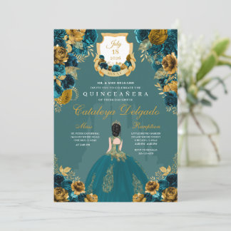 Burg Quinceañera, aquamarin & Gold Einladung