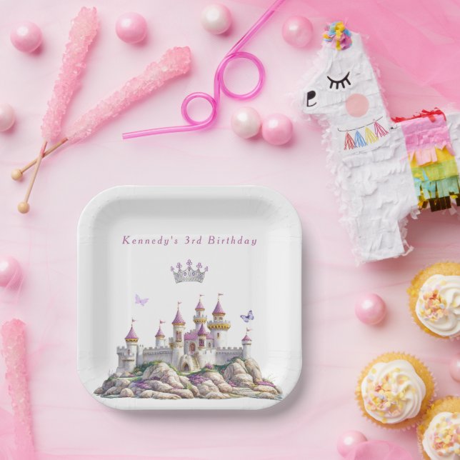Burg Silver Crown Pink Edelsteine Schmetterlinge Pappteller (Party)