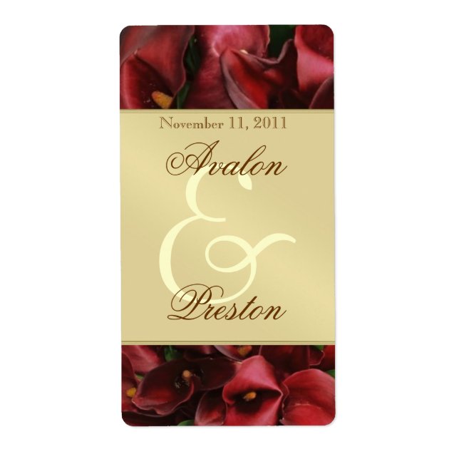 Burgandy Red Cali Lilies Gold Wine Wedding Label (Vorne)