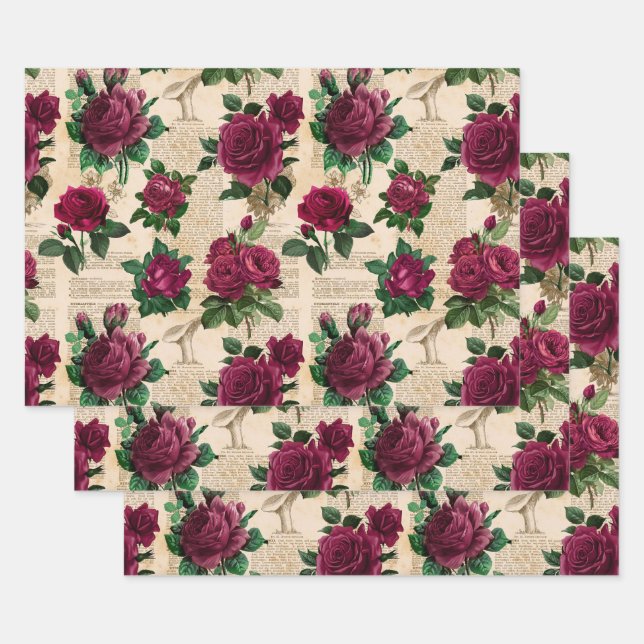 Burgandy-Rose auf Vintagem Newsprint Geschenkpapier Set (Set)