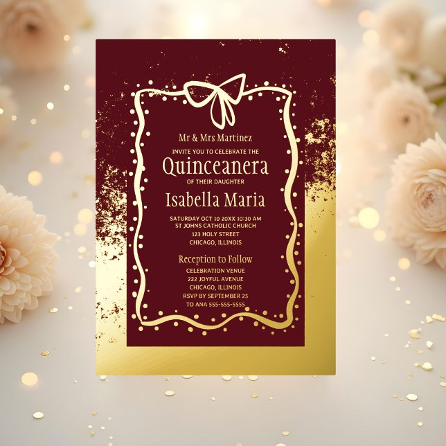 Burgandy und Gold Foil Quinceñera Einladung Bow (Von Creator hochgeladen)