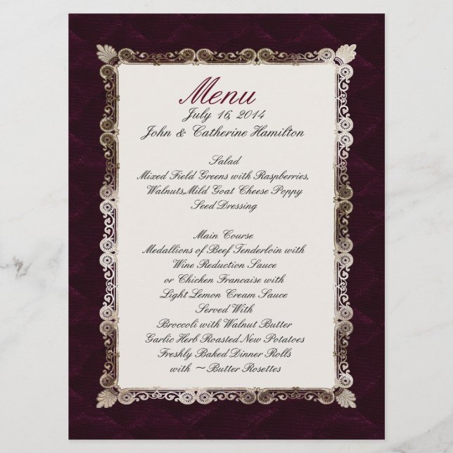 Burgandy Velvet Look Custom Wedding Menu (Devant)