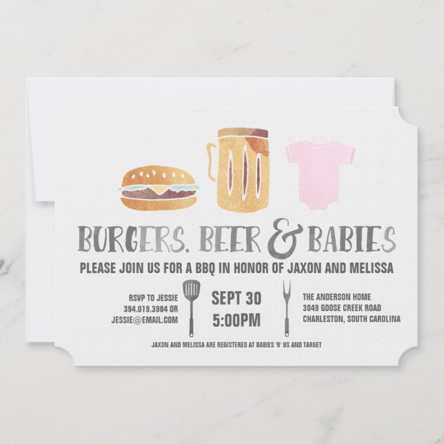 Burger, Bier'n-Babys - rosa Babyparty Einladung (Vorderseite)