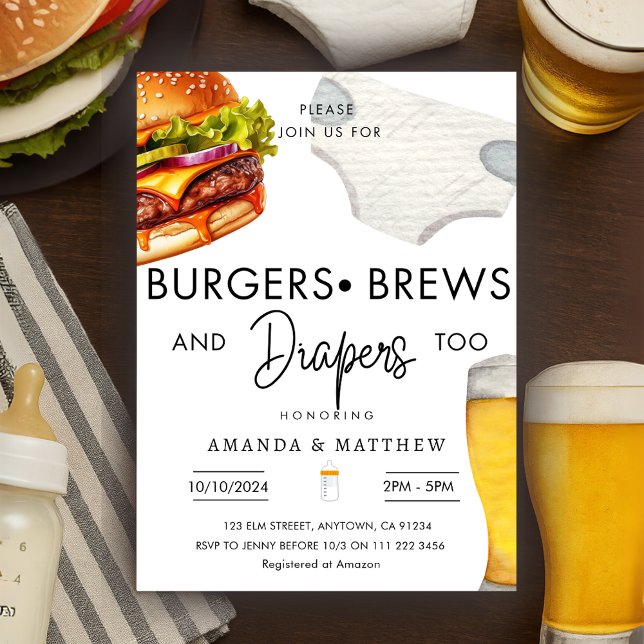 Burger, Brautdiaper Lässige Kinderdusche Einladung (Burgers Brews Diapers Casual Couple Baby Shower Invitation)