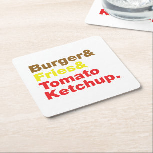 Burger & Fries & Tomato Ketchup. Rechteckiger Pappuntersetzer