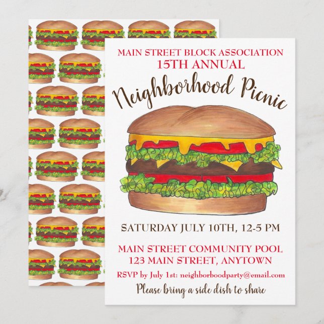 Burger Hamburger Cheeseburger Picnic Cookout Party Einladung (Vorne/Hinten)